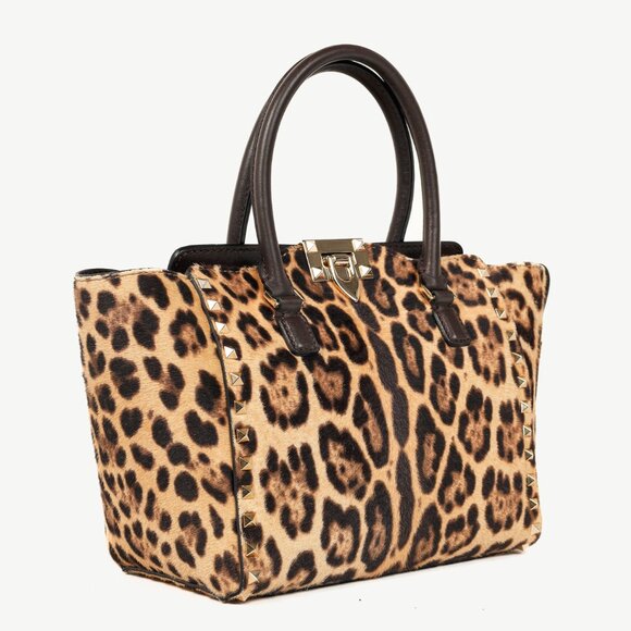 Valentino Brown Leopard Calf Hair Golden Rockstud Double Handle Tote - Picture 2 of 15